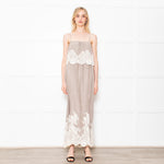 Gold Hawk Taupe 100% Silk Strappy Dress With Cream Lace Detail