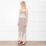 Gold Hawk Taupe 100% Silk Strappy Dress With Cream Lace Detail