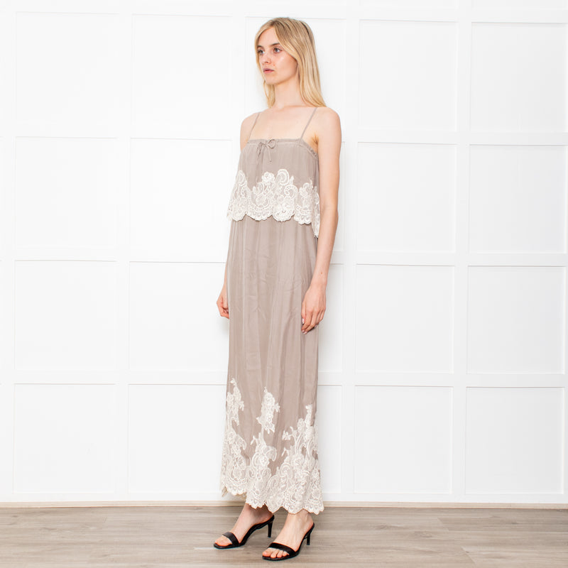 Gold Hawk Taupe 100% Silk Strappy Dress With Cream Lace Detail