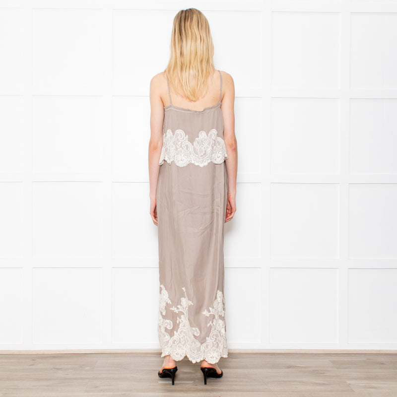 Gold Hawk Taupe 100% Silk Strappy Dress With Cream Lace Detail