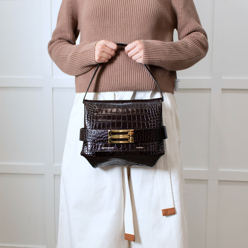 Victoria Beckham Brown Buckle Croc Embossed Bag