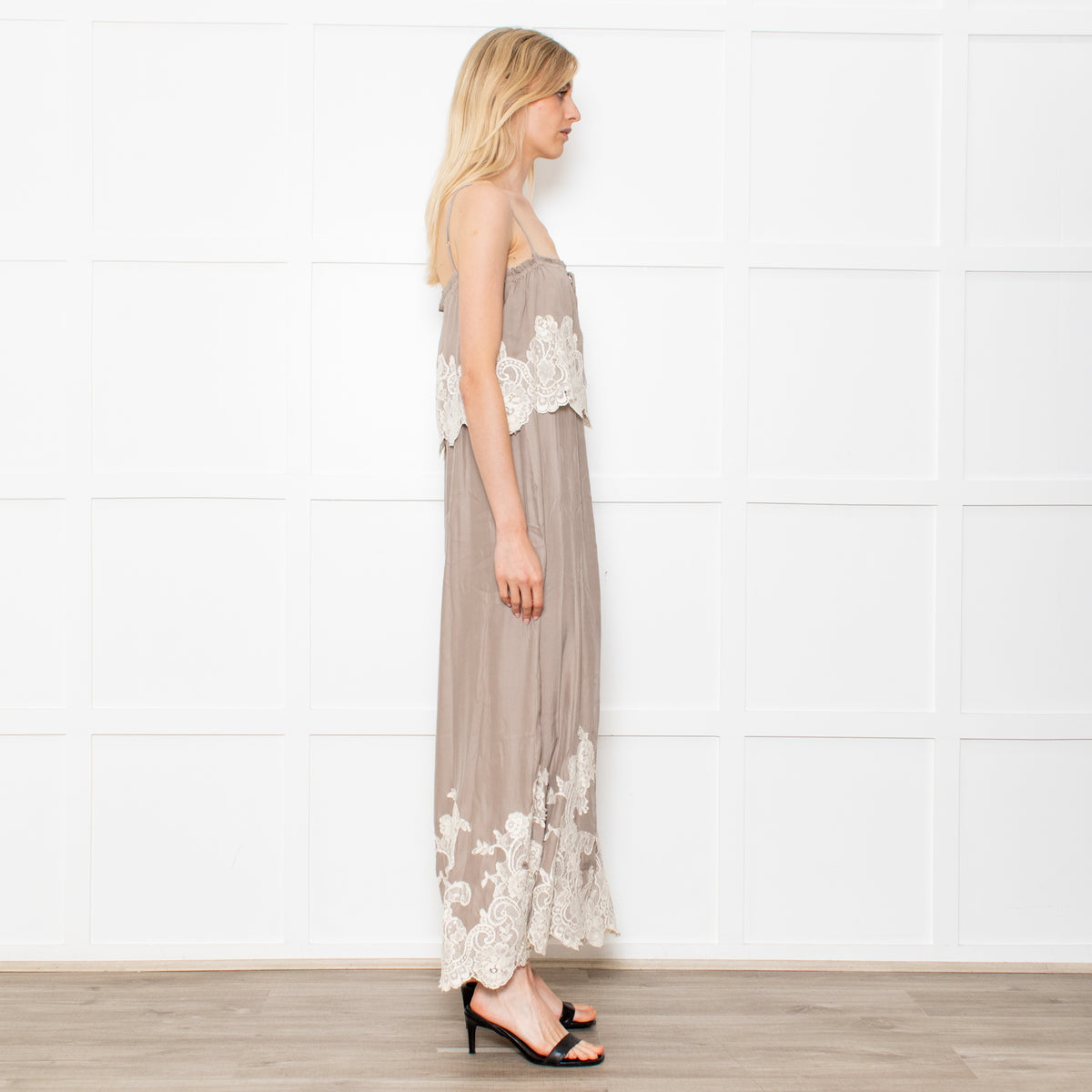 Gold Hawk Taupe 100% Silk Strappy Dress With Cream Lace Detail