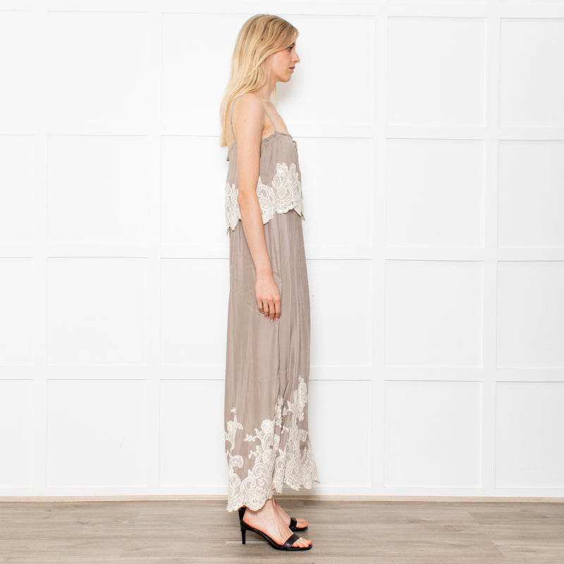 Gold Hawk Taupe 100% Silk Strappy Dress With Cream Lace Detail