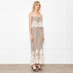 Gold Hawk Taupe 100% Silk Strappy Dress With Cream Lace Detail