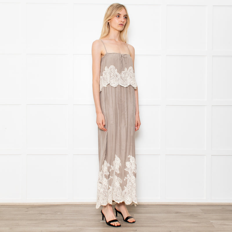 Gold Hawk Taupe 100% Silk Strappy Dress With Cream Lace Detail