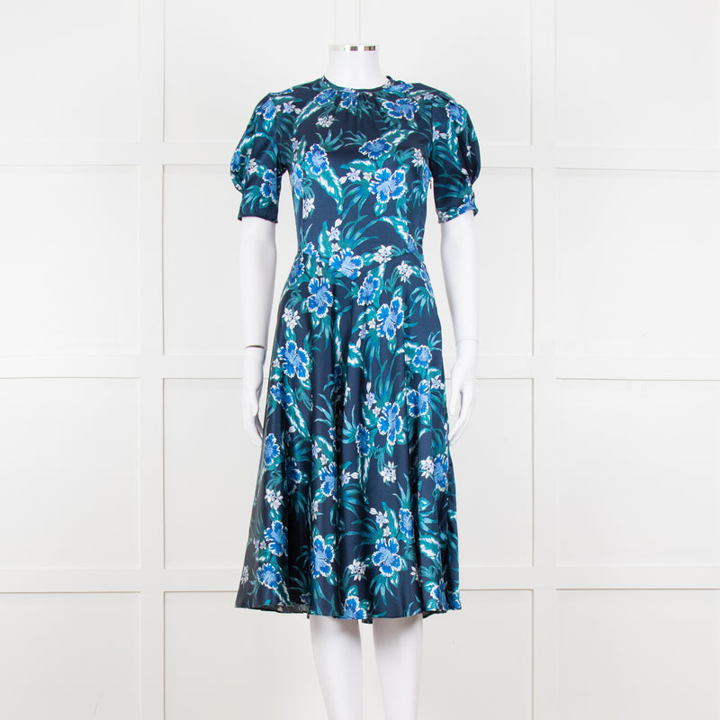 Altuzarra Navy Blue White Floral Silk Satin Dress