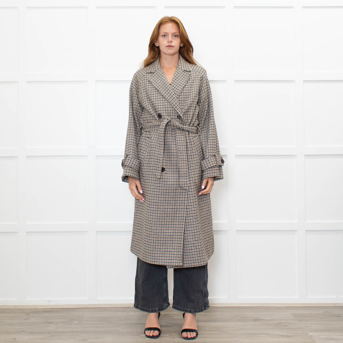 .Object Green and Black Check Tweed Style Double Breasted Coat