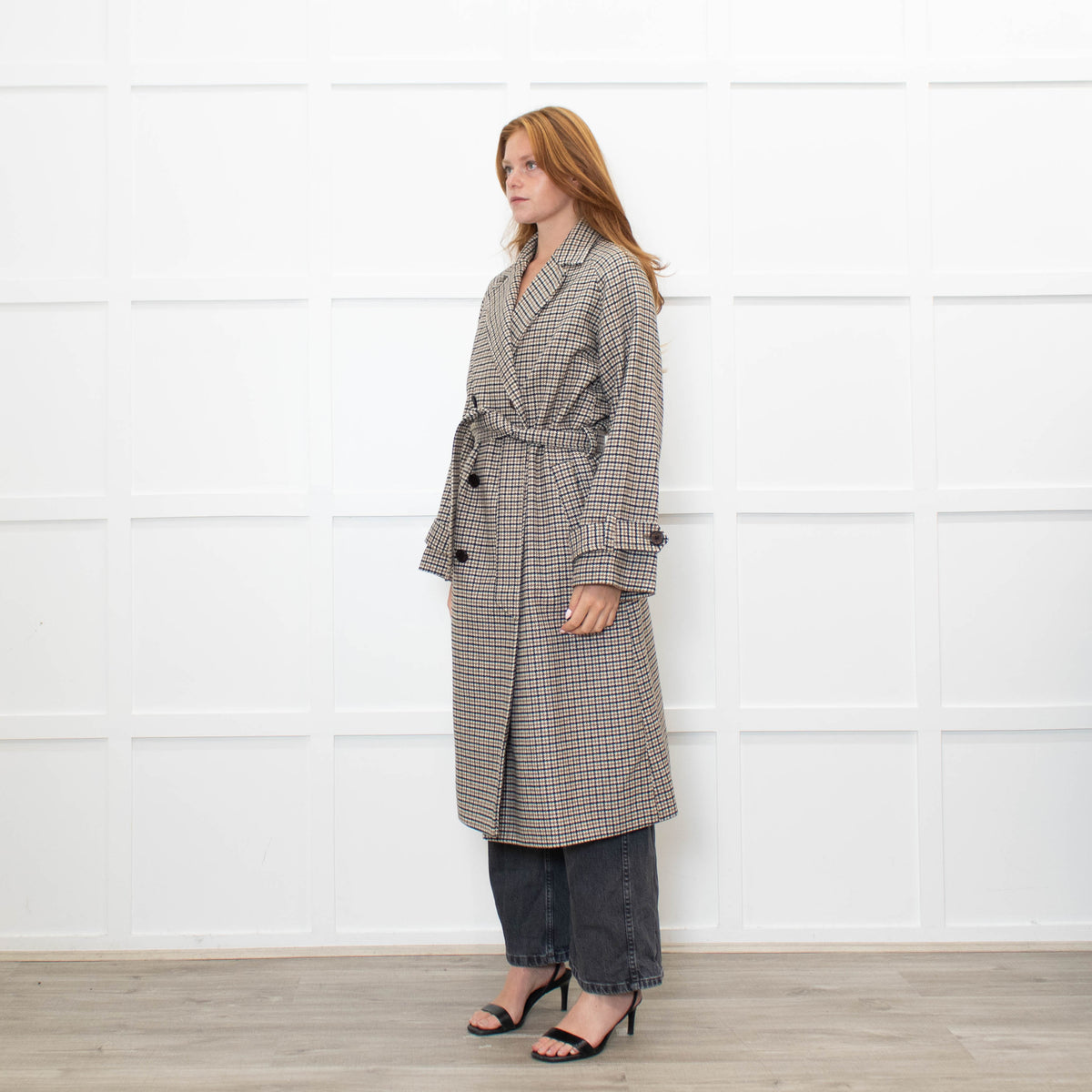 .Object Green and Black Check Tweed Style Double Breasted Coat