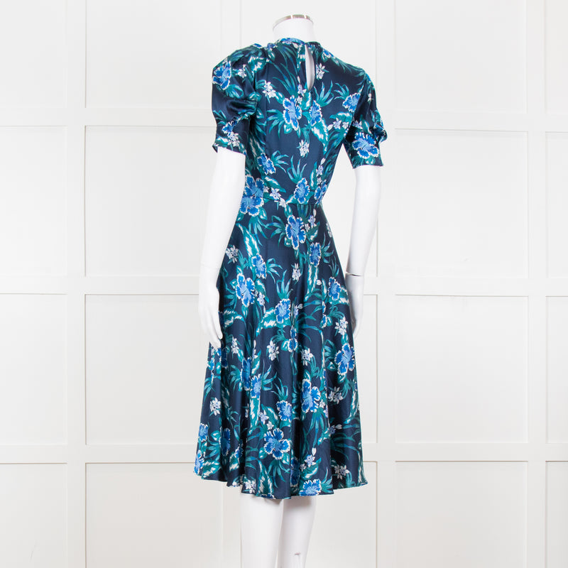 Altuzarra Navy Blue White Floral Silk Satin Dress
