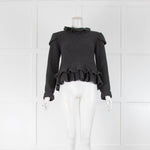 Ganni Grey Rib Knit Frill Neck and Peplum