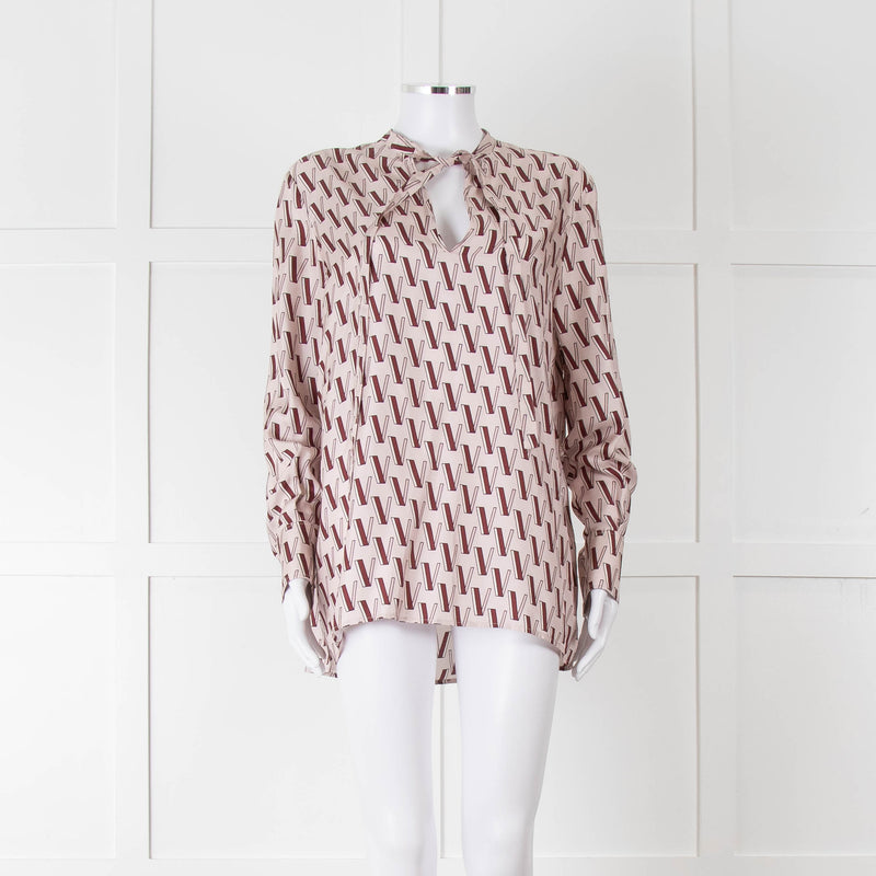 Valentino Pale Pink Pink V Print Neck Tie Long Sleeve Top