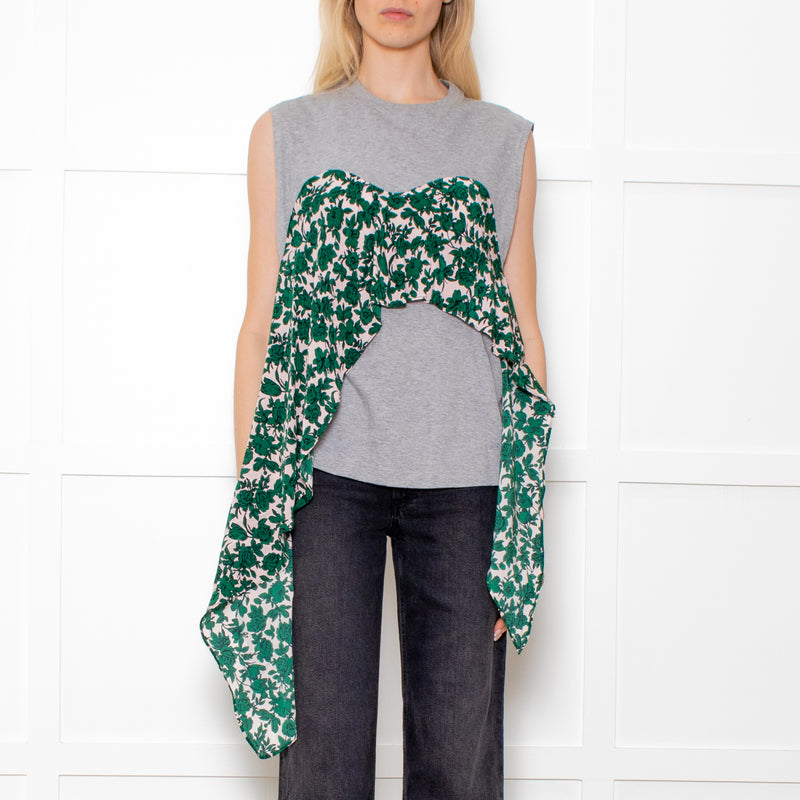 MSGM Grey Sleeveless Top With Green Floral Draping