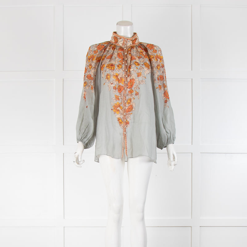 Zimmermann Andie Green  And Orange Floral Buttoned Front Top