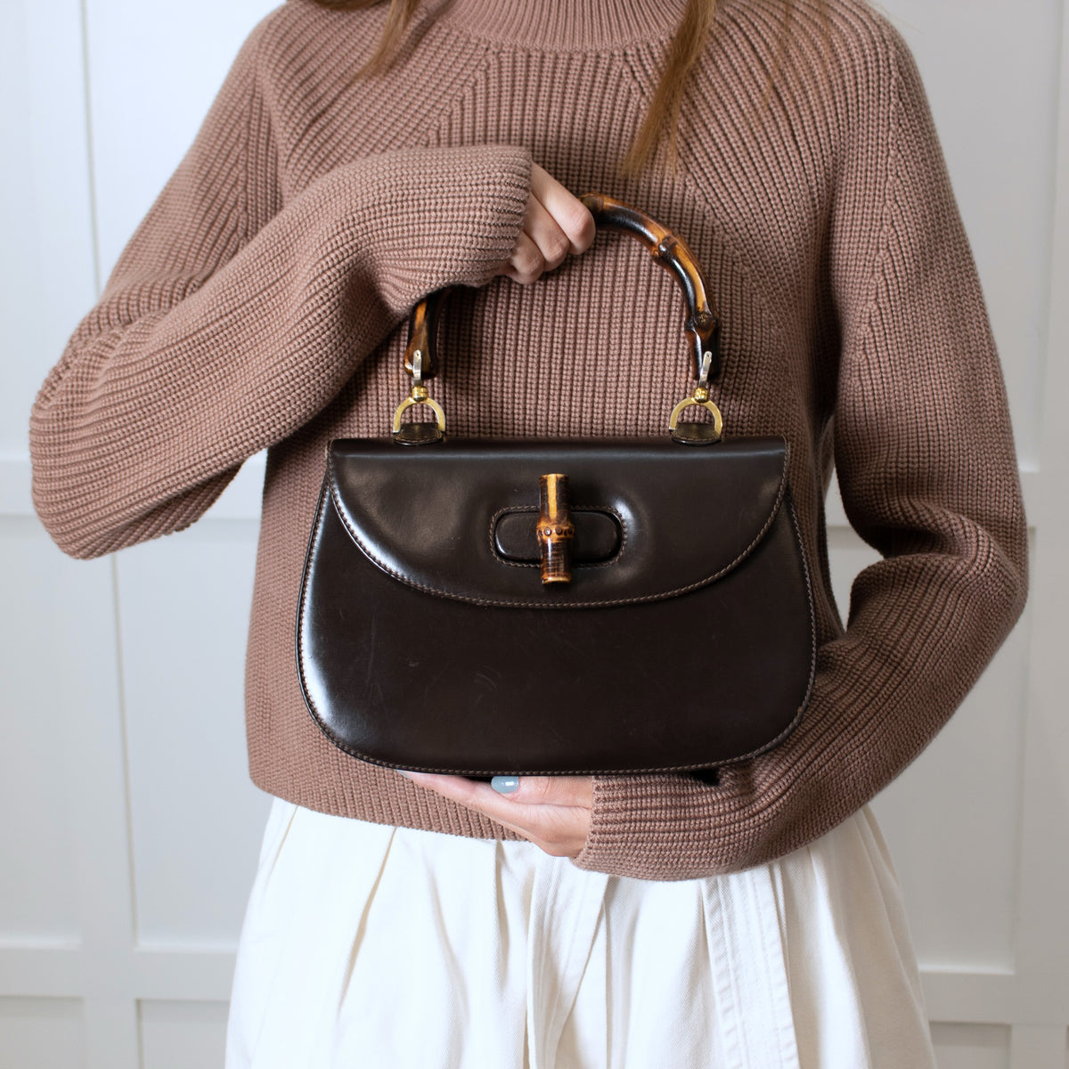 Gucci Brown Leather Vintage Bamboo Handbag