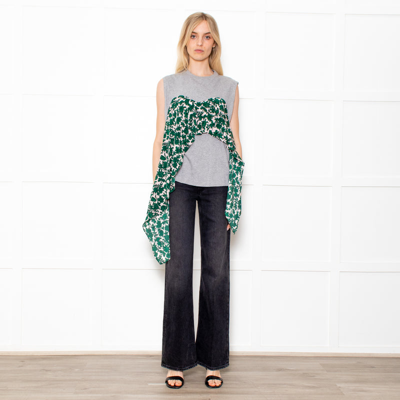 MSGM Grey Sleeveless Top With Green Floral Draping