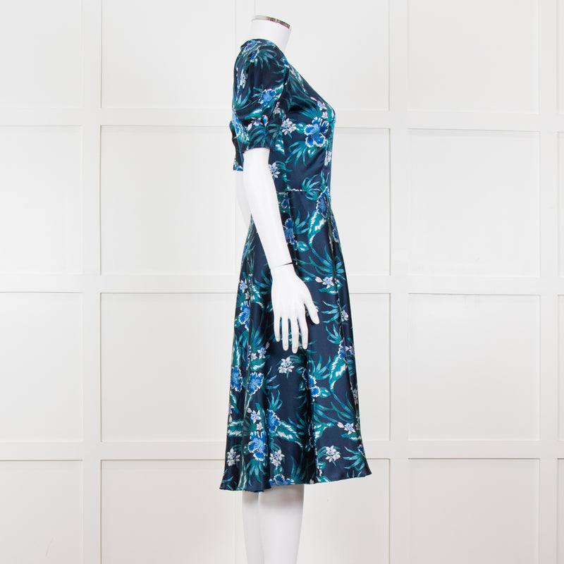 Altuzarra Navy Blue White Floral Silk Satin Dress