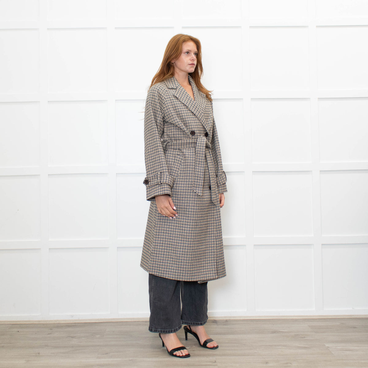 .Object Green and Black Check Tweed Style Double Breasted Coat