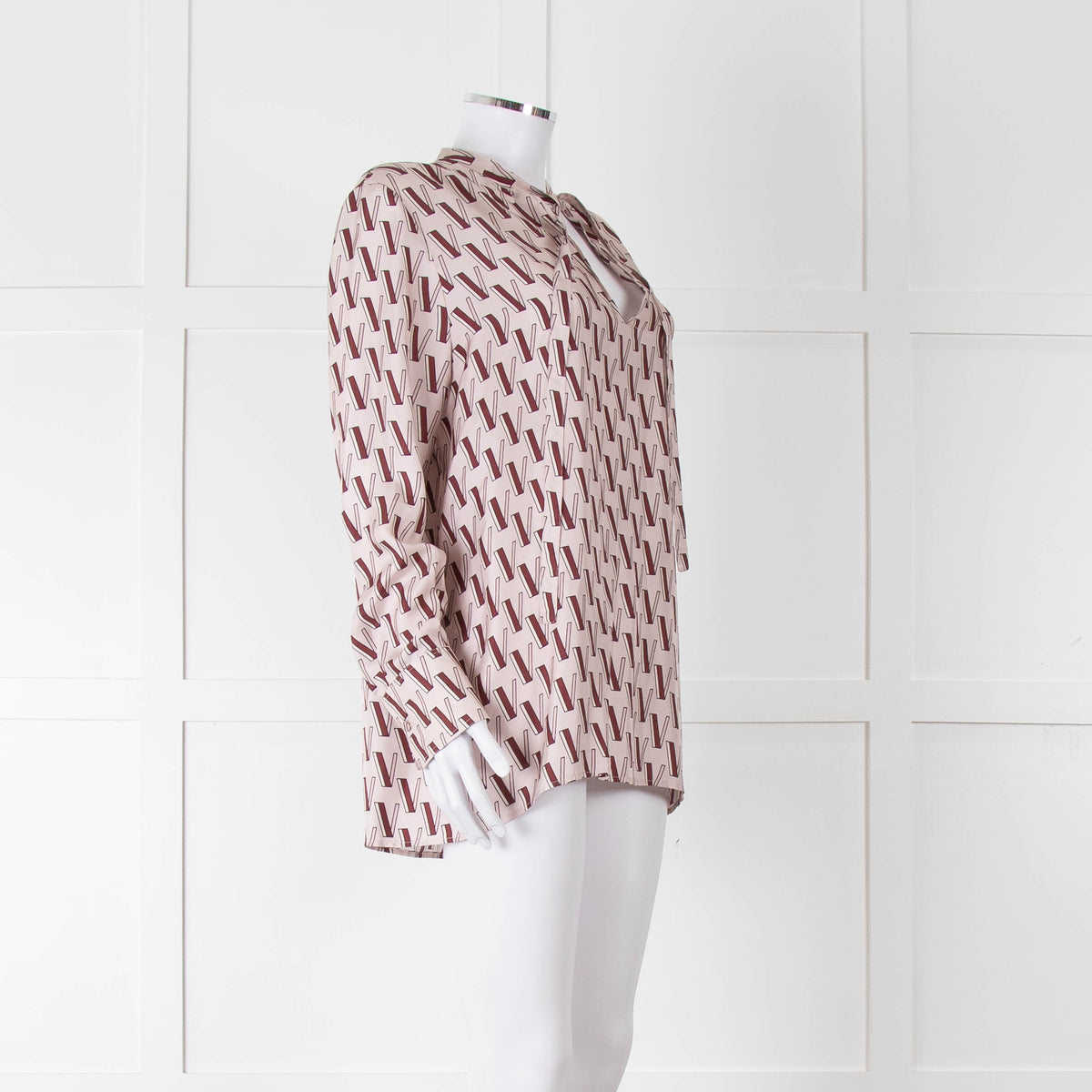 Valentino Pale Pink Pink V Print Neck Tie Long Sleeve Top