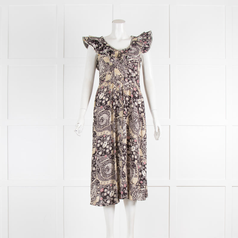 Etoile Isabel Marant Black Beige Cotton Paisley Frill Sleeve Dress