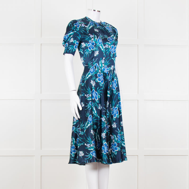 Altuzarra Navy Blue White Floral Silk Satin Dress