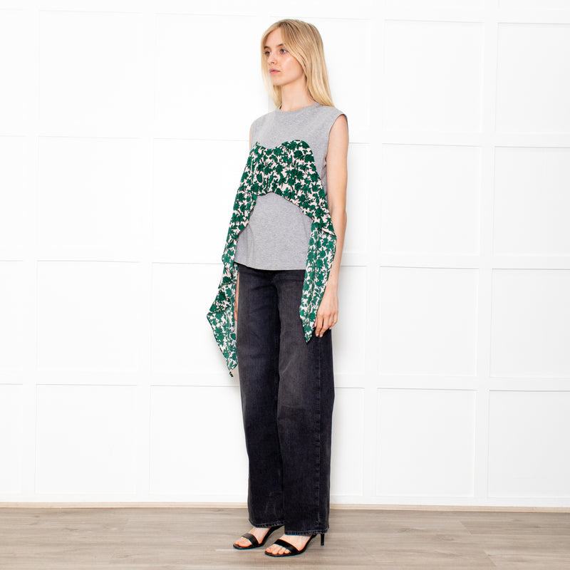 MSGM Grey Sleeveless Top With Green Floral Draping