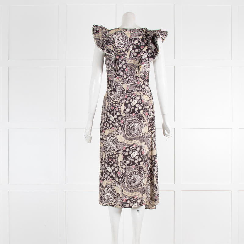 Etoile Isabel Marant Black Beige Cotton Paisley Frill Sleeve Dress