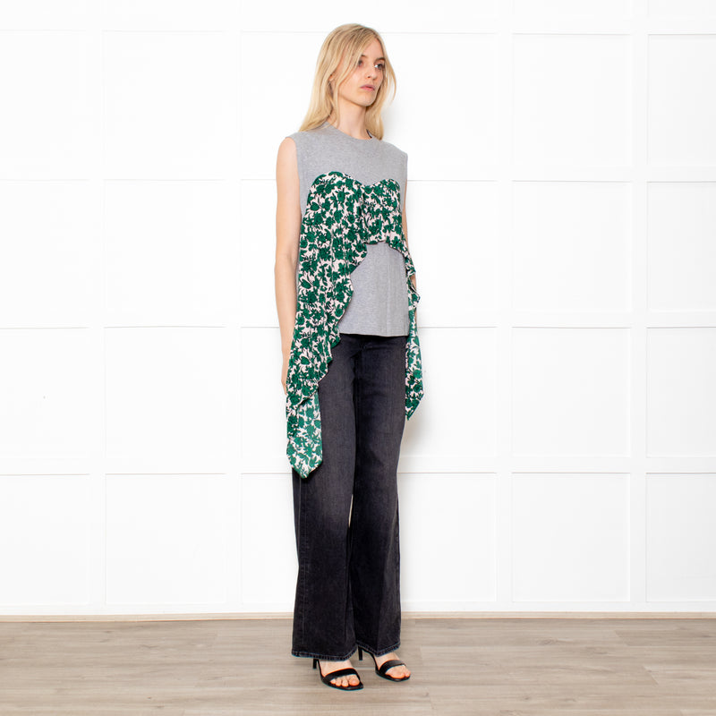 MSGM Grey Sleeveless Top With Green Floral Draping