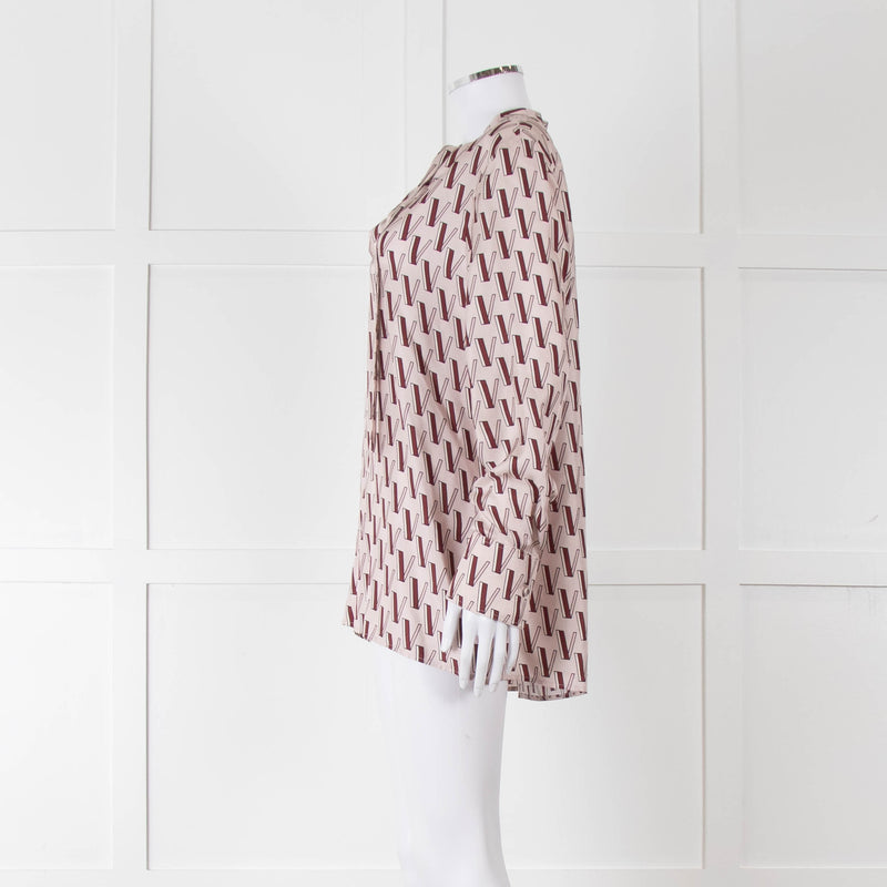 Valentino Pale Pink Pink V Print Neck Tie Long Sleeve Top