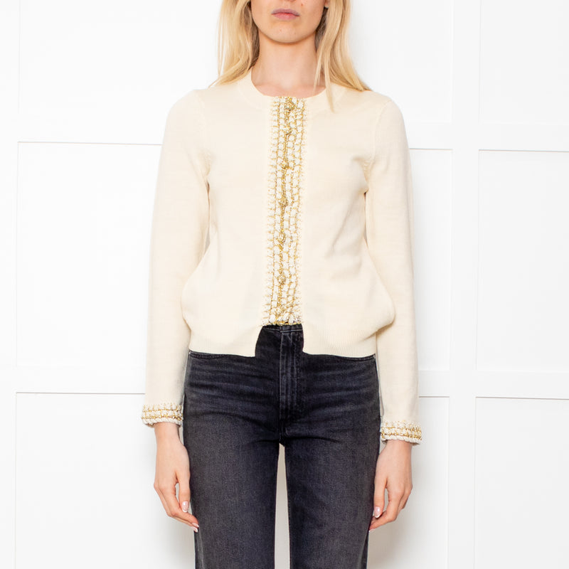 Opening Ceremony Cream Button Up Cardigan With Gold Brocade
