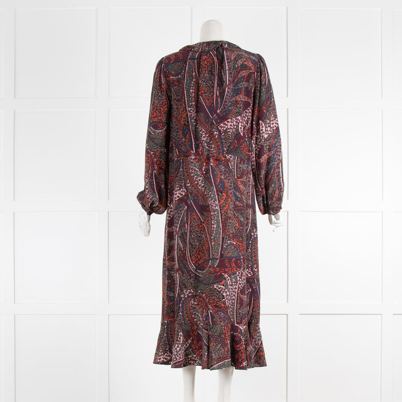 Vanessa Bruno Rust Navy Silk Paisley Long Sleeve Midi Dress