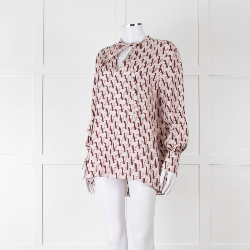 Valentino Pale Pink Pink V Print Neck Tie Long Sleeve Top