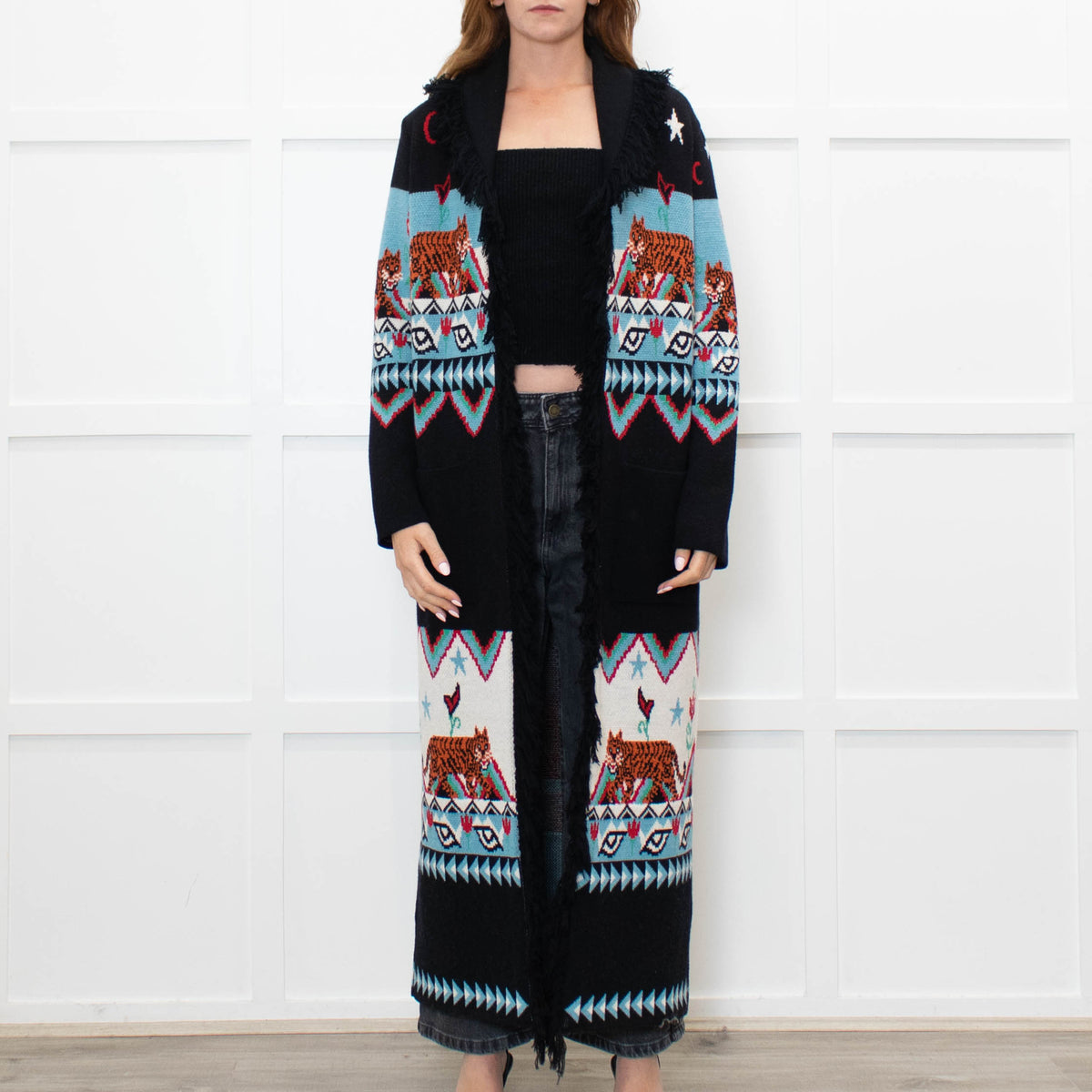 Hayley Menzies Black Blue Red Knit Long Coat With Belt