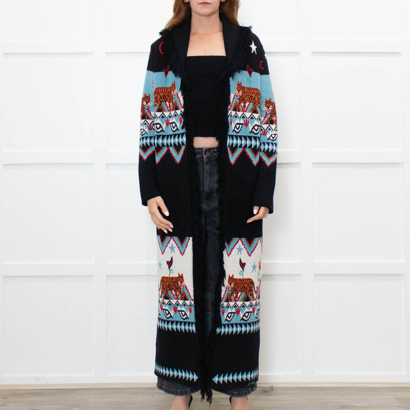 Hayley Menzies Black Blue Red Knit Long Coat With Belt