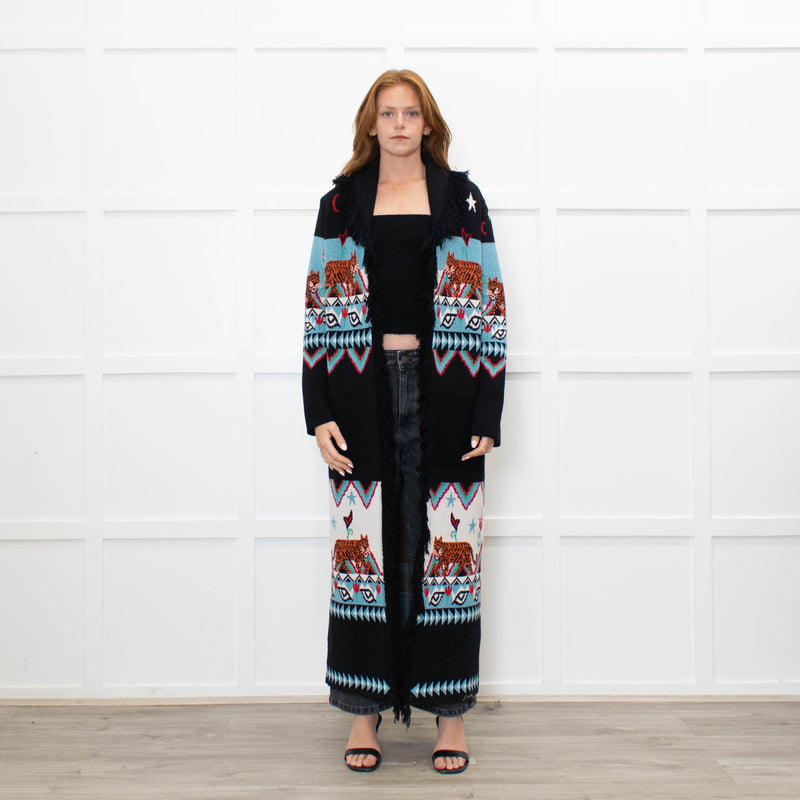 Hayley Menzies Black Blue Red Knit Long Coat With Belt