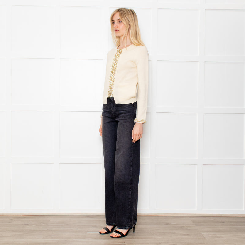 Opening Ceremony Cream Button Up Cardigan With Gold Brocade