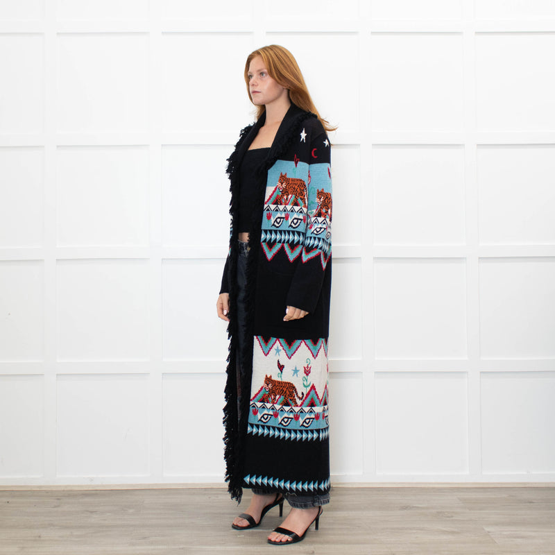 Hayley Menzies Black Blue Red Knit Long Coat With Belt