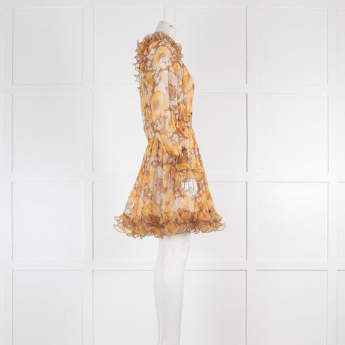 Zimmermann Brown Orange Balloon-Sleeve Mini Silk Dress