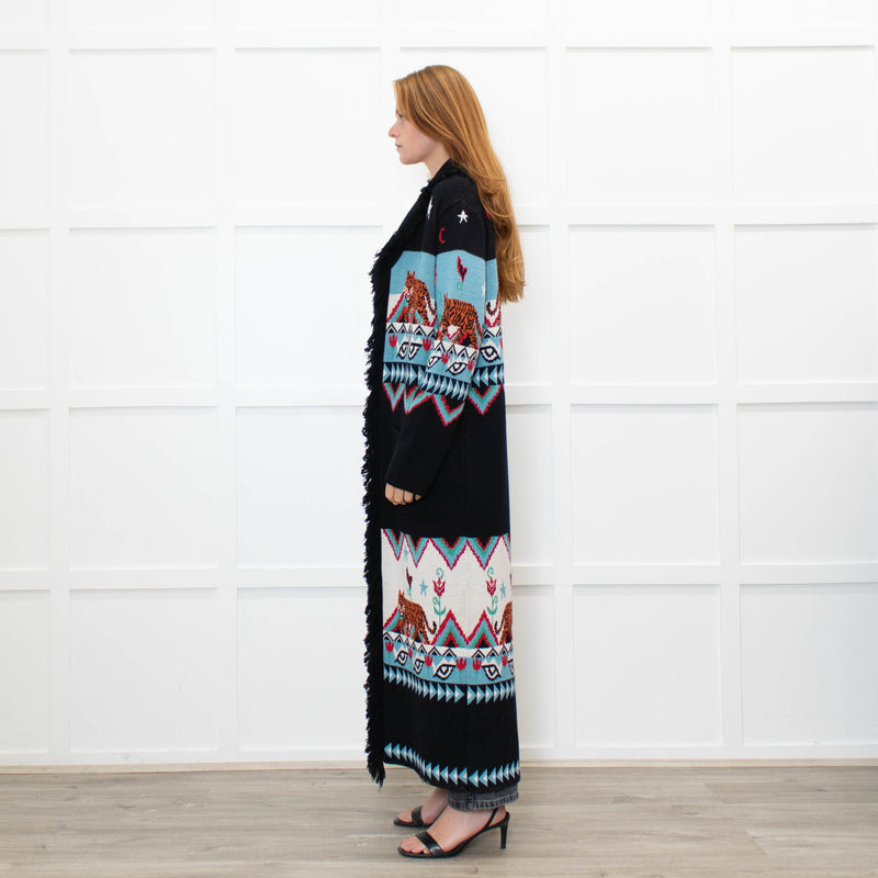 Hayley Menzies Black Blue Red Knit Long Coat With Belt