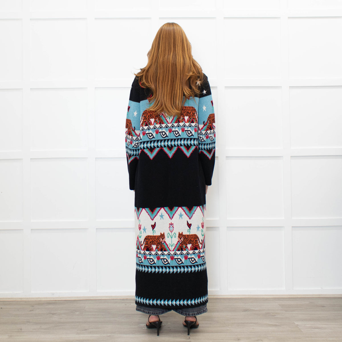Hayley Menzies Black Blue Red Knit Long Coat With Belt