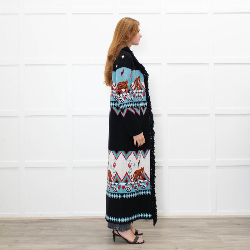Hayley Menzies Black Blue Red Knit Long Coat With Belt