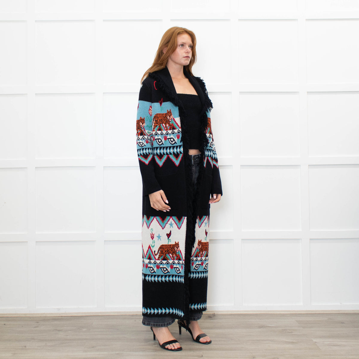 Hayley Menzies Black Blue Red Knit Long Coat With Belt