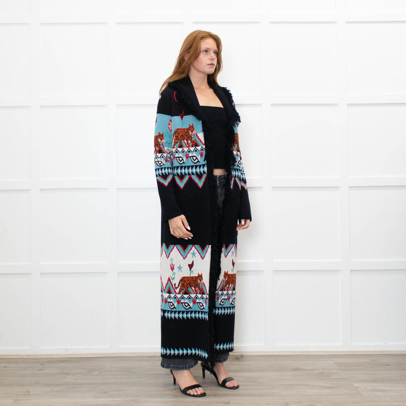 Hayley Menzies Black Blue Red Knit Long Coat With Belt