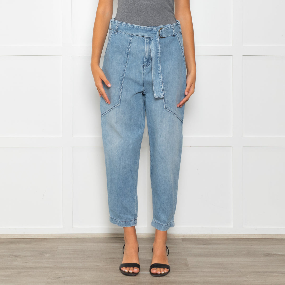 Ba&sh Blue Denim Barrell Cut Belted Jeans