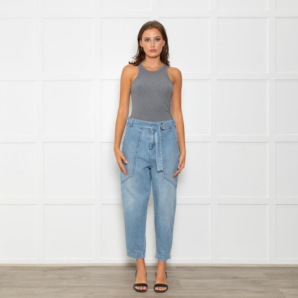 Ba&sh Blue Denim Barrell Cut Belted Jeans