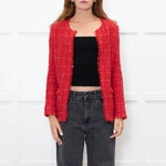 IRO Red And Cream Fray Edge Quespo Jacket