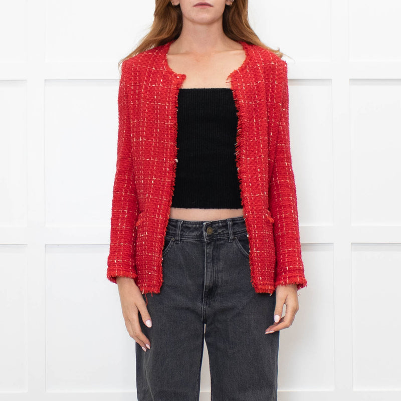 IRO Red And Cream Fray Edge Quespo Jacket
