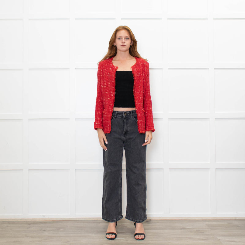 IRO Red And Cream Fray Edge Quespo Jacket