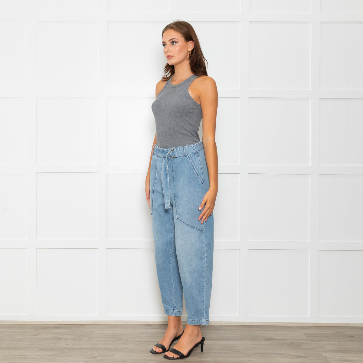 Ba&sh Blue Denim Barrell Cut Belted Jeans