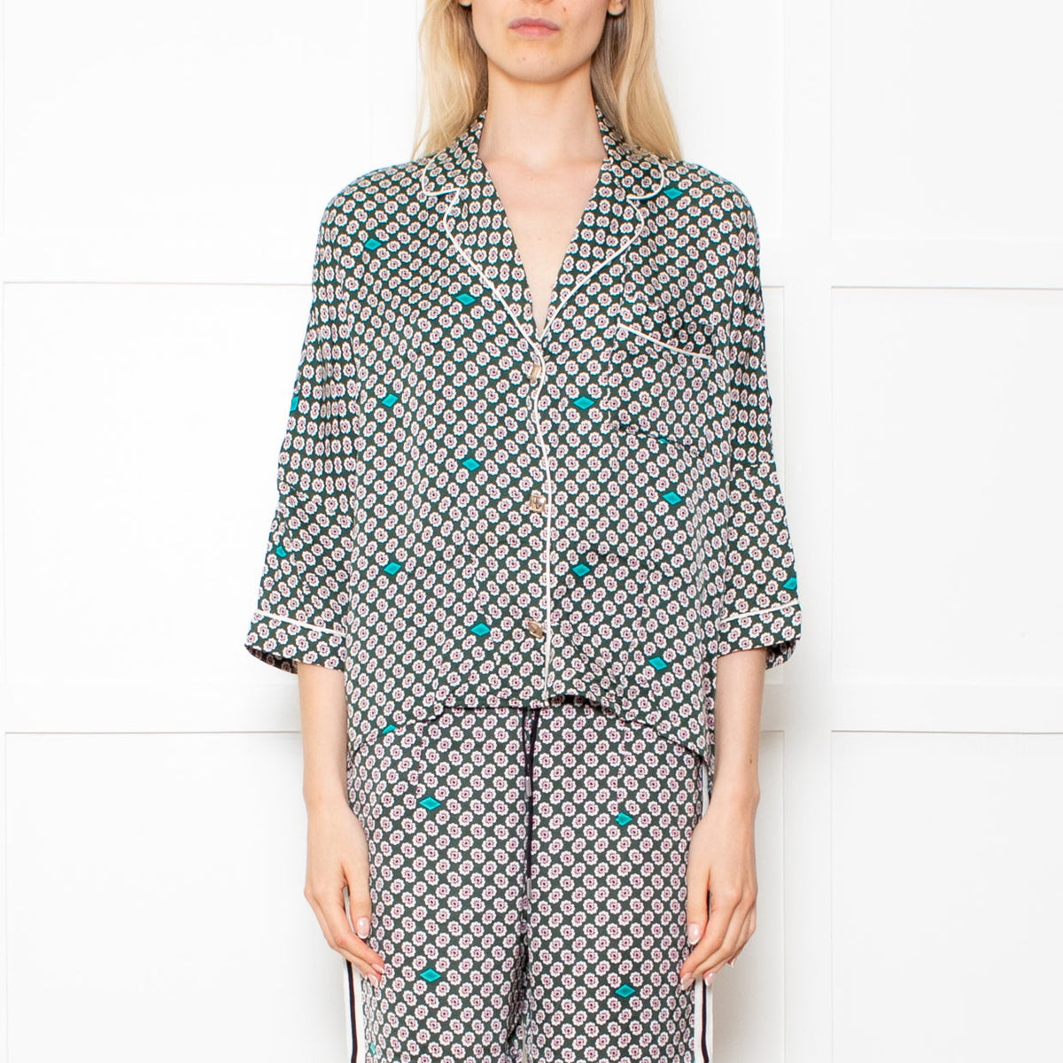 Maje Green Small Floral Pattern Pyjama Style Shirt