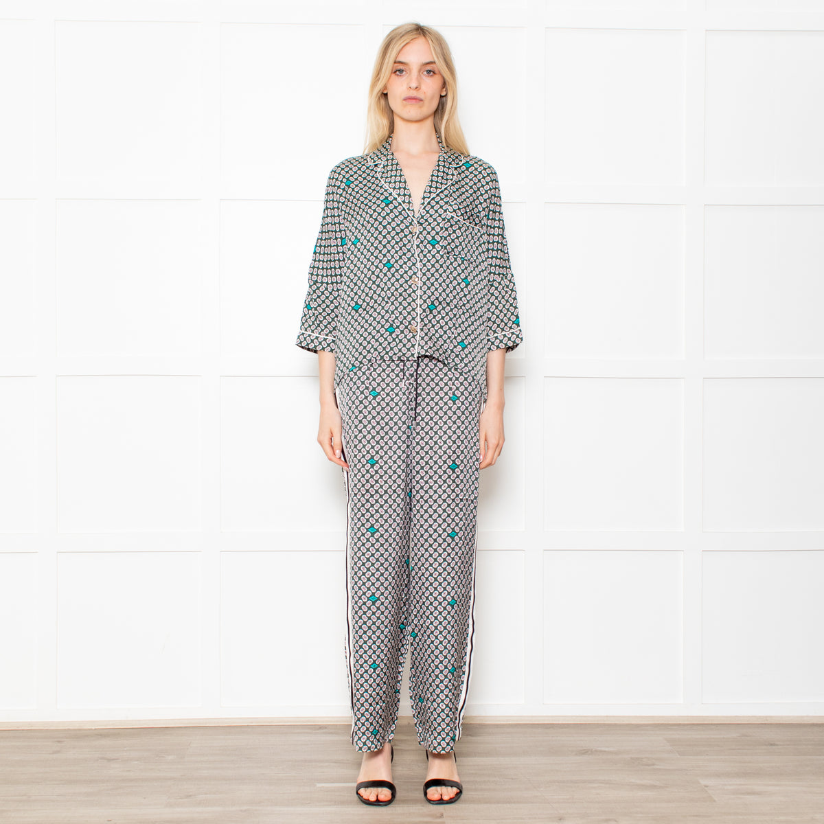 Maje Green Small Floral Print Pyjama Style Trousers